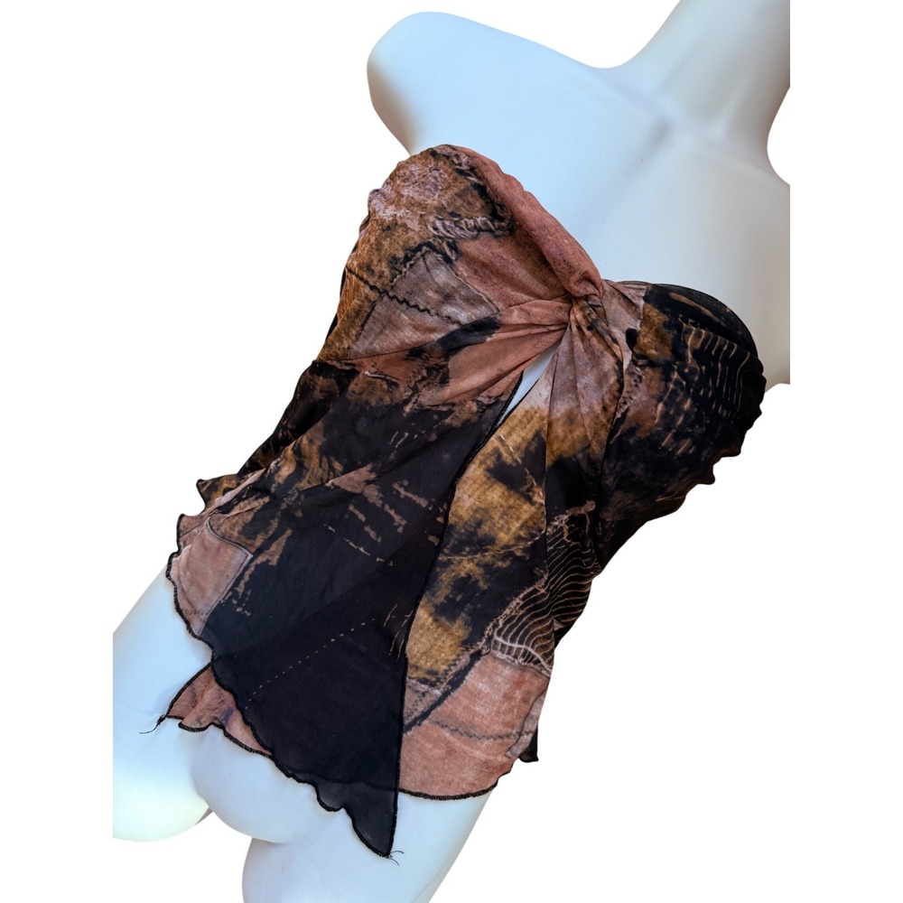 Y2K 2000s Style Blanc Clothing Abstract Mesh Twist‎ Front Tube Top Earth Tone